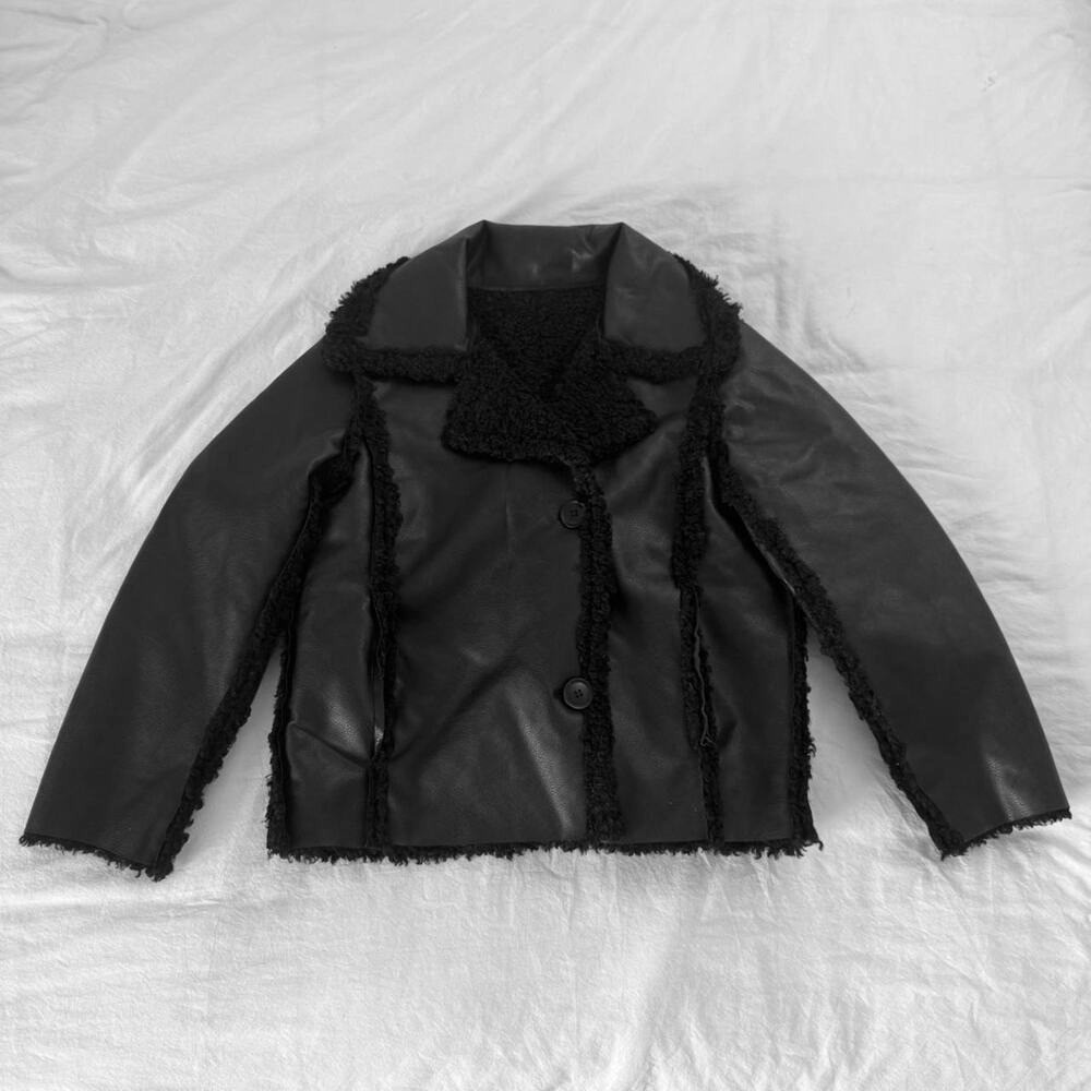 Black faux fur pleather coat with button-up front